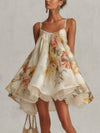 Béatrice | Mini Abito A-Line in Organza Floreale Beige, Bordo in Pizzo