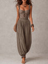 Wanda · Completo con bandeau in pizzo grigio e pantaloni harem in cotone plissettato