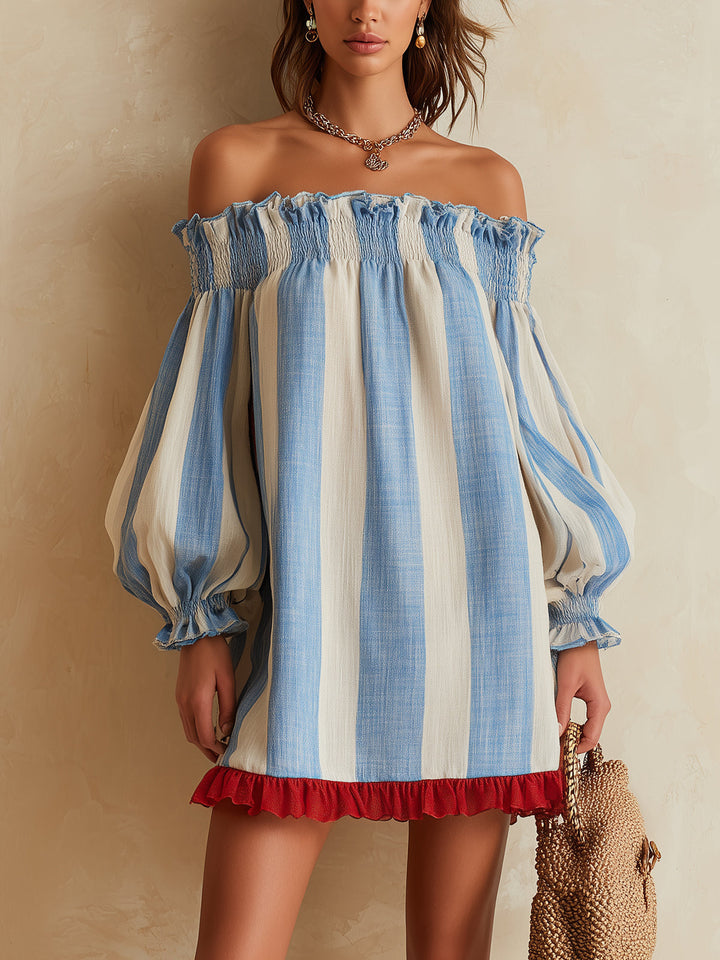 Ondine | Mini Abito a Righe Blu e Bianco con Spalle Scoperte e Orlo a Contrasto