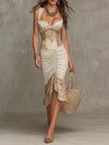 Abito Midi Arricciato con Pizzo Bohemien Beige