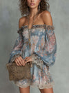 Romani | Abito Mini in Chiffon Arricciato con Spalle Scoperte e Fiori Romantici