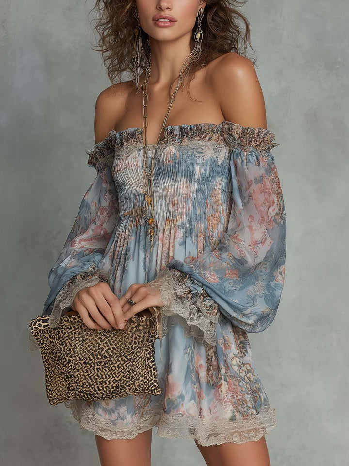 Romani | Abito Mini in Chiffon Arricciato con Spalle Scoperte e Fiori Romantici
