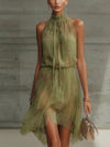 Sylvie | Mini Abito in Mousseline Floreale Verde, Vita Alta