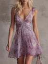 Violetta | Mini Abito in Chiffon a Righe Floreali Viola Retro