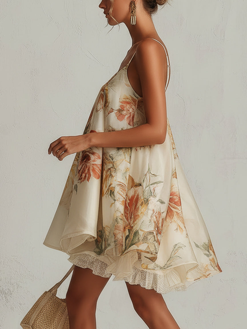 Béatrice | Mini Abito A-Line in Organza Floreale Beige, Bordo in Pizzo