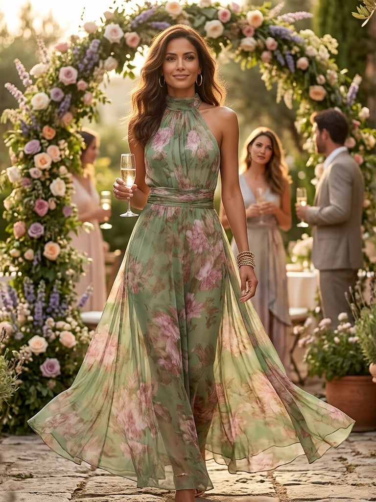 Leah - Abito Maxi in Chiffon Verde con Scollatura a Halter