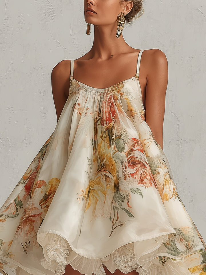 Béatrice | Mini Abito A-Line in Organza Floreale Beige, Bordo in Pizzo