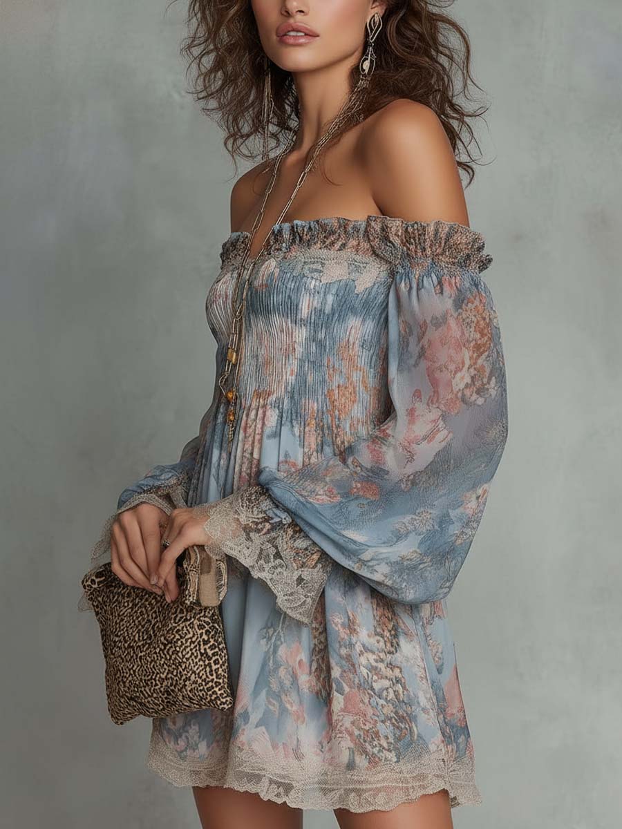 Romani | Abito Mini in Chiffon Arricciato con Spalle Scoperte e Fiori Romantici