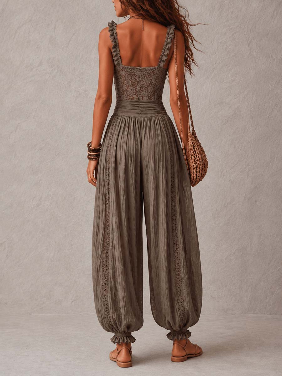 Wanda · Completo con bandeau in pizzo grigio e pantaloni harem in cotone plissettato