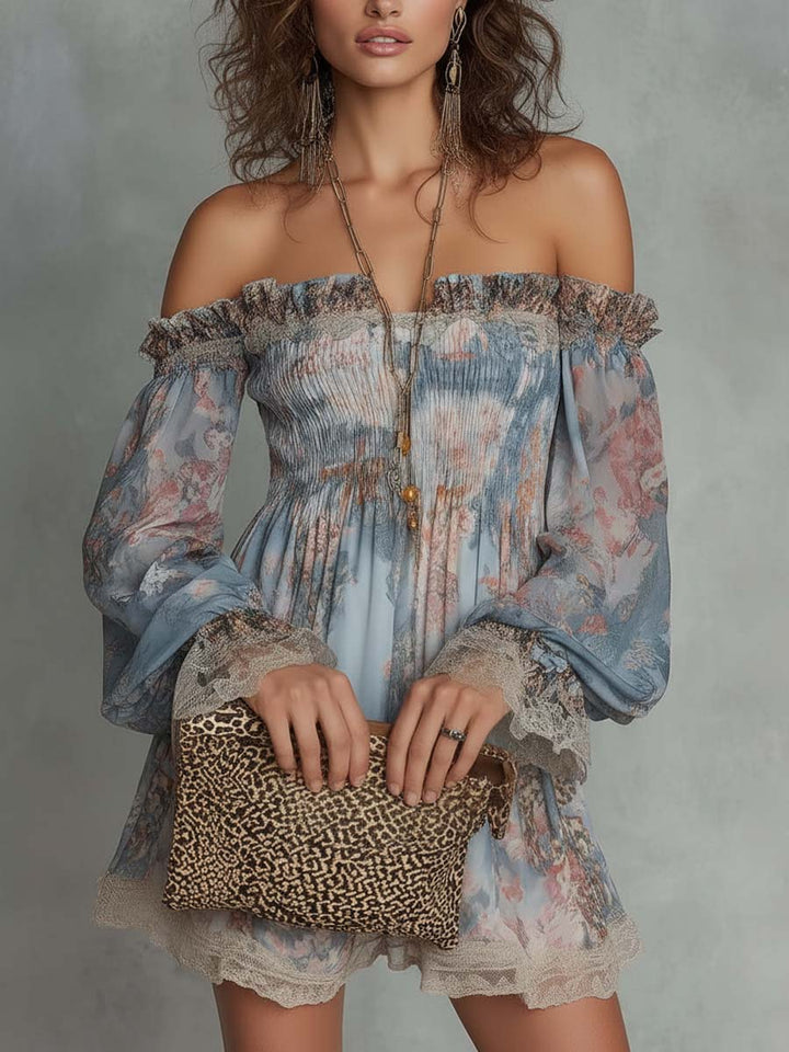 Romani | Abito Mini in Chiffon Arricciato con Spalle Scoperte e Fiori Romantici