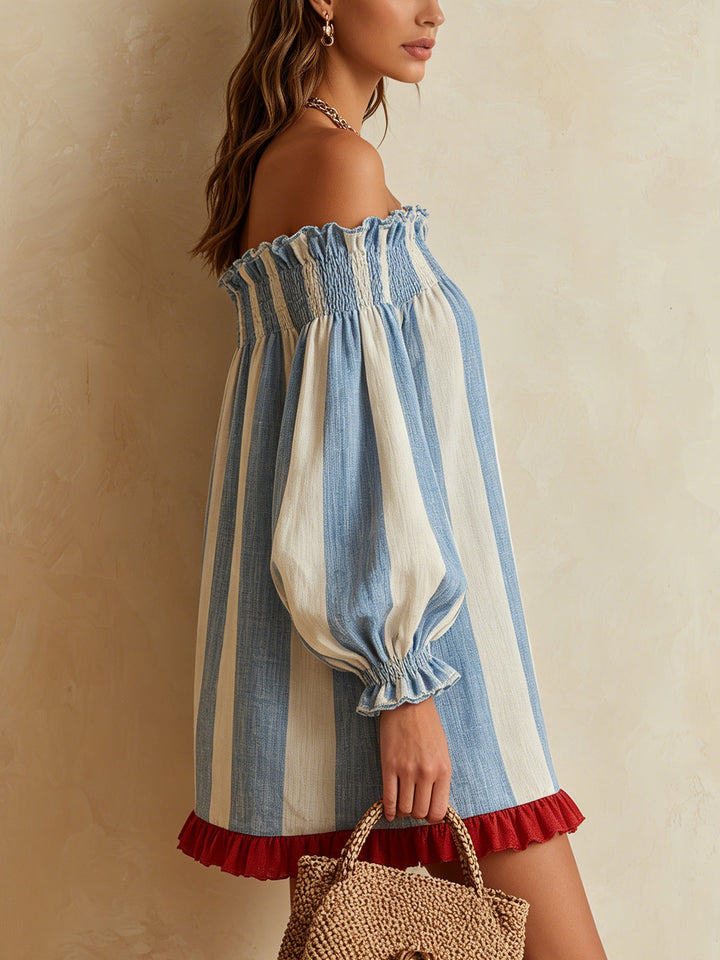 Ondine | Mini Abito a Righe Blu e Bianco con Spalle Scoperte e Orlo a Contrasto