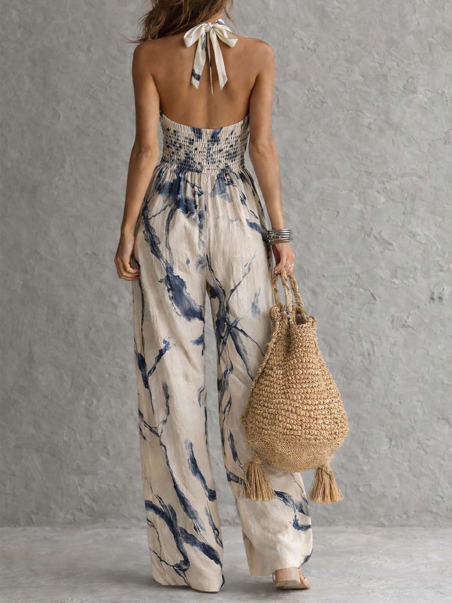 Tuta Larga con Stampa Inchiostro e Scollo Halter con Tasche