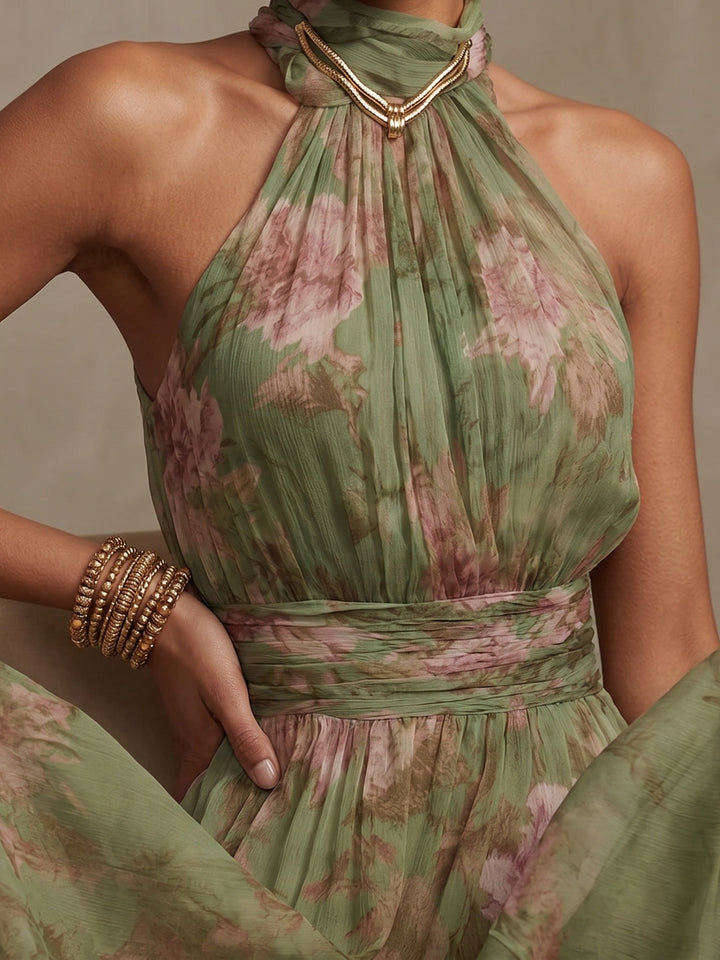 Leah - Abito Maxi in Chiffon Verde con Scollatura a Halter