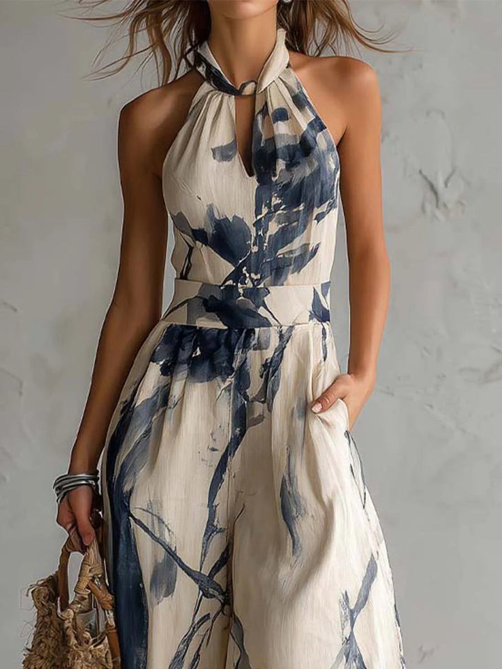 Tuta Larga con Stampa Inchiostro e Scollo Halter con Tasche