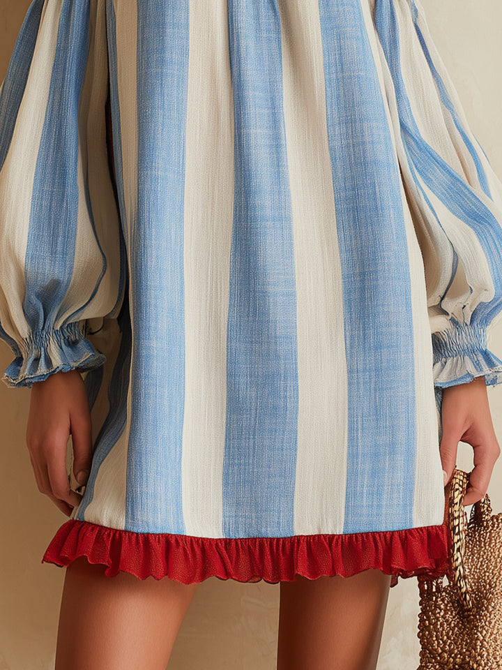 Ondine | Mini Abito a Righe Blu e Bianco con Spalle Scoperte e Orlo a Contrasto