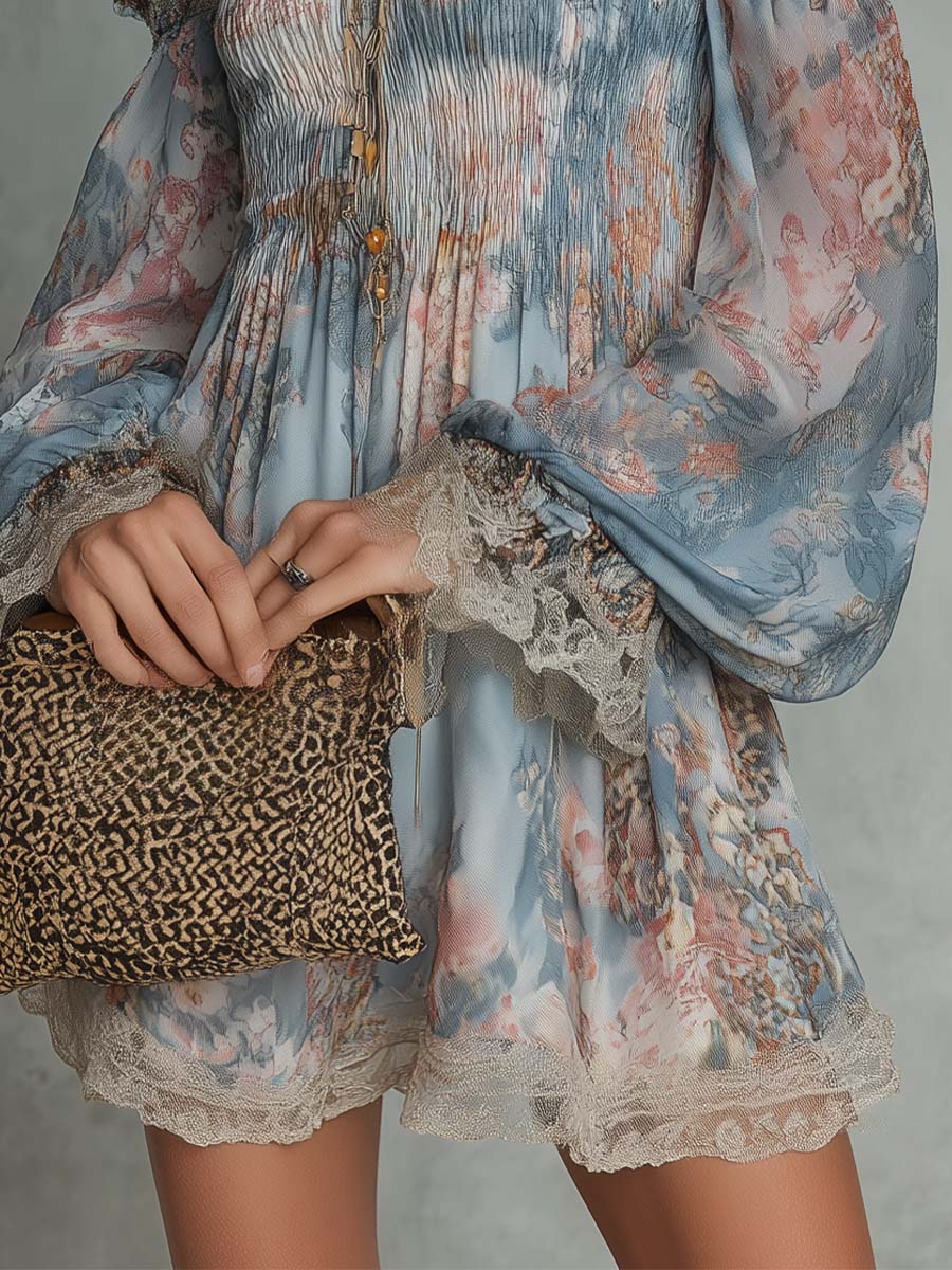 Romani | Abito Mini in Chiffon Arricciato con Spalle Scoperte e Fiori Romantici