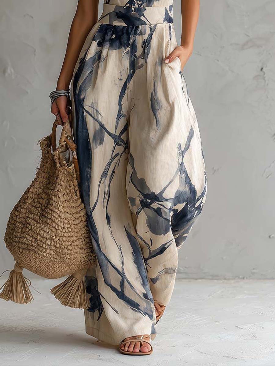 Tuta Larga con Stampa Inchiostro e Scollo Halter con Tasche
