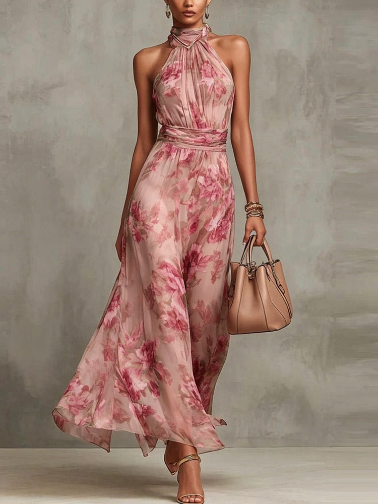 Leah - Abito Maxi in Chiffon Verde con Scollatura a Halter