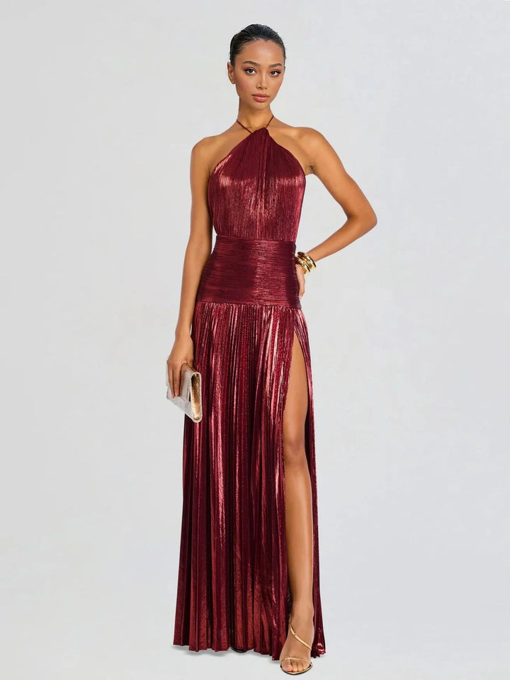 Elegante Abito Maxi Plissettato Metallizzato con Scollo Halter