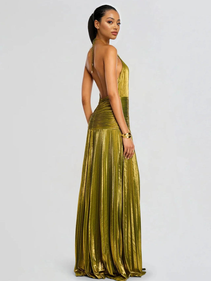 Elegante Abito Maxi Plissettato Metallizzato con Scollo Halter