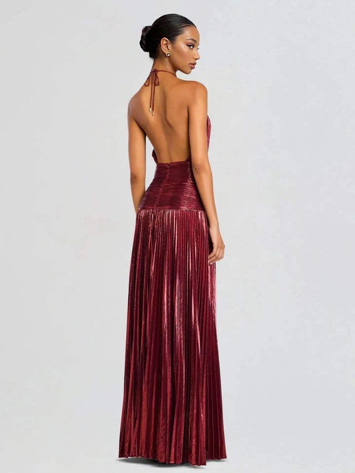 Elegante Abito Maxi Plissettato Metallizzato con Scollo Halter