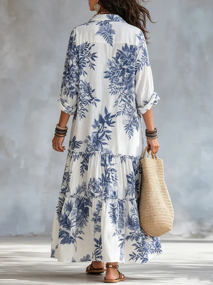 Dahlia | Vestito Maxi a Balze con Stampa Floreale Blu