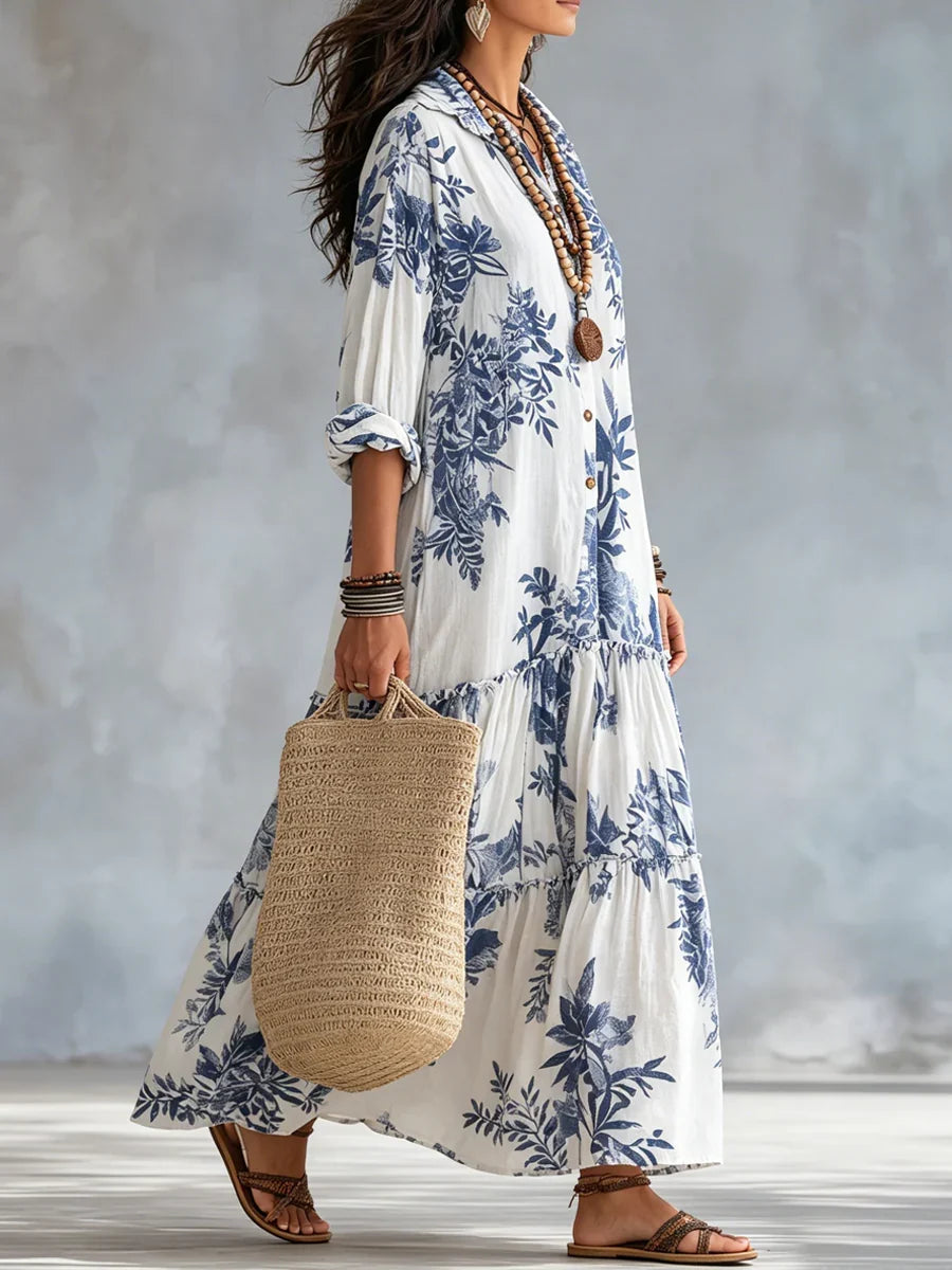 Dahlia | Vestito Maxi a Balze con Stampa Floreale Blu