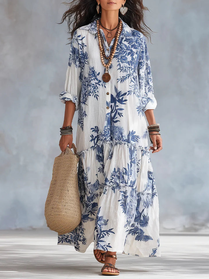 Dahlia | Vestito Maxi a Balze con Stampa Floreale Blu