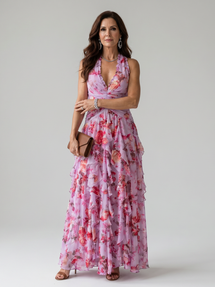 Nori™ Abito Maxy a Fiori con Scollo Halter e Corpino Arricciato