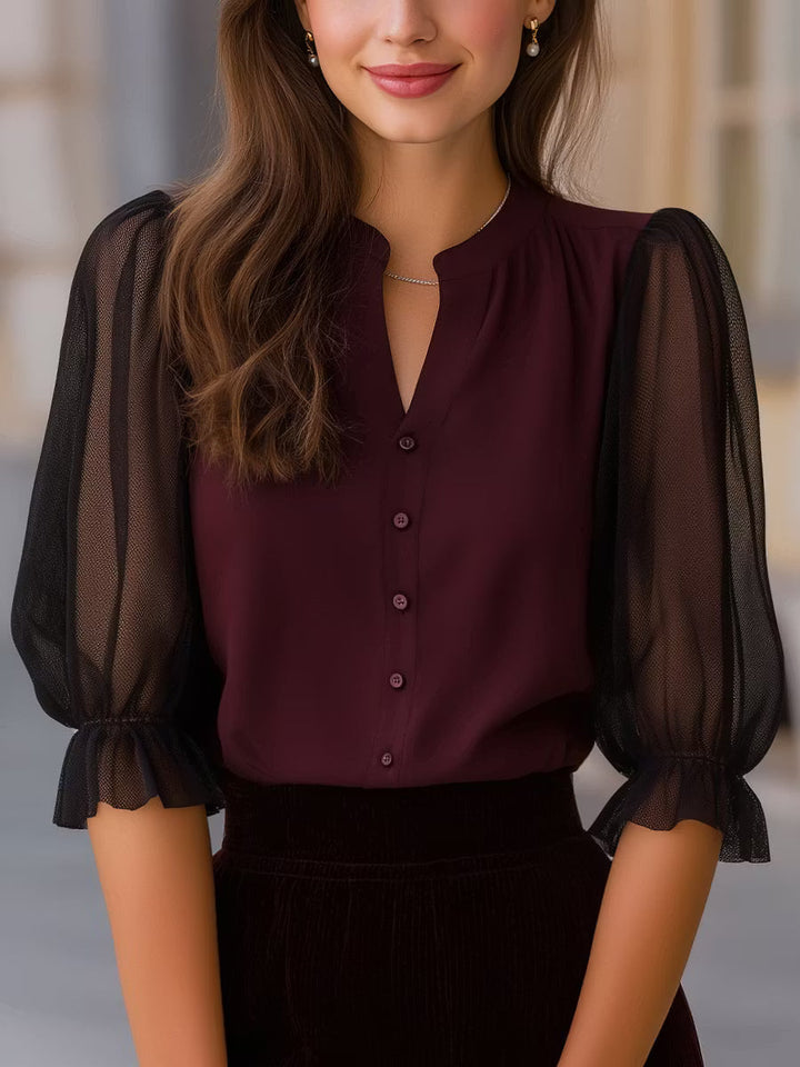 Valora - Blusa con Maniche a Palloncino Trasparenti e Bottoni