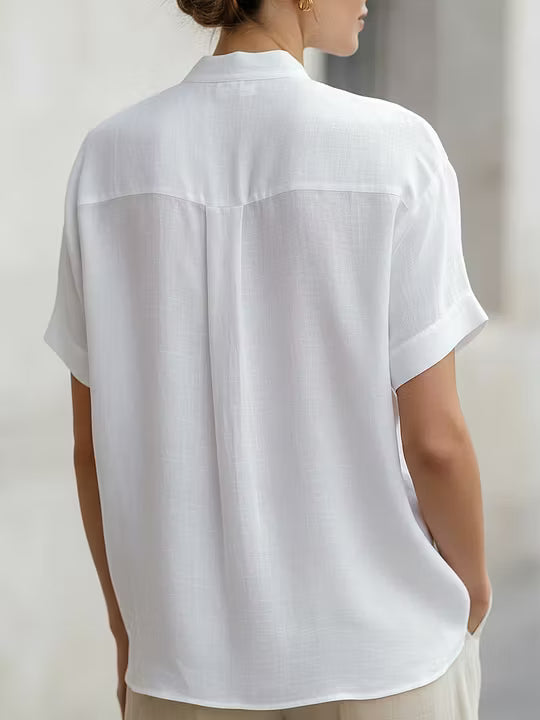Blusa Bianca in Mistura di Lino con Collo Stand e Maniche Corte