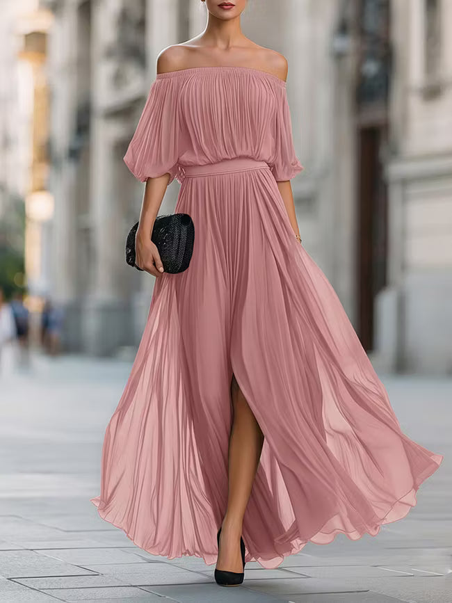 Victoria | Abito Maxi in Chiffon Plissettato con Spalle Scoperte