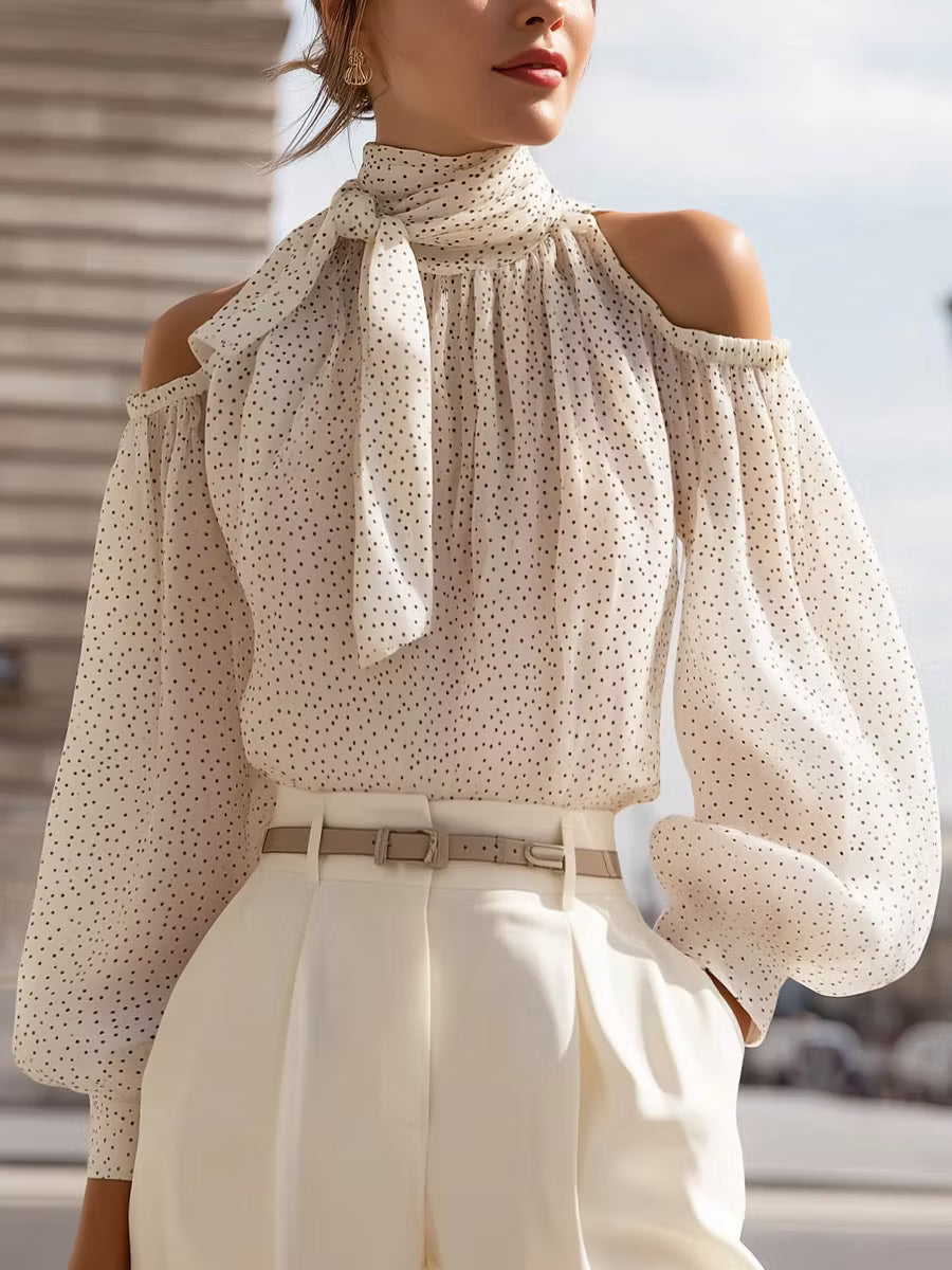 Blusa in Chiffon a Pois con Maniche Scoperte e Fiocco
