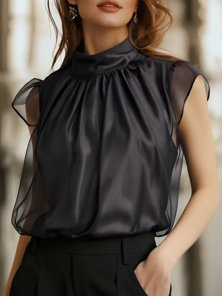 Elegante Blusa Alta in Chiffon Nera