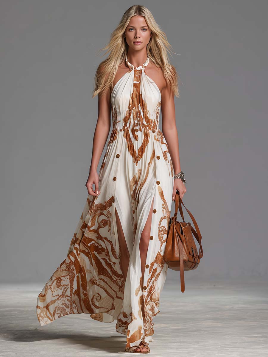 Beatrice ¦ Abito lungo vintage bohemiano con scollo a halterneck, stampa western marrone su chiffon avorio, con spacchi