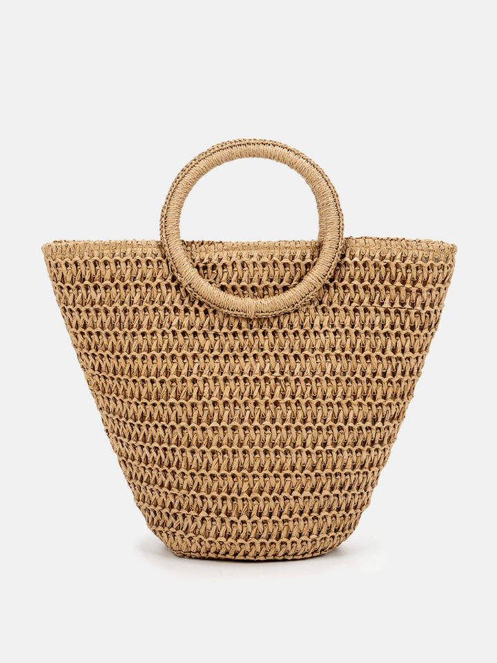 Borsa a spalla da donna in paglia intrecciata, colore bianco avorio, grande capacità, tessuta
