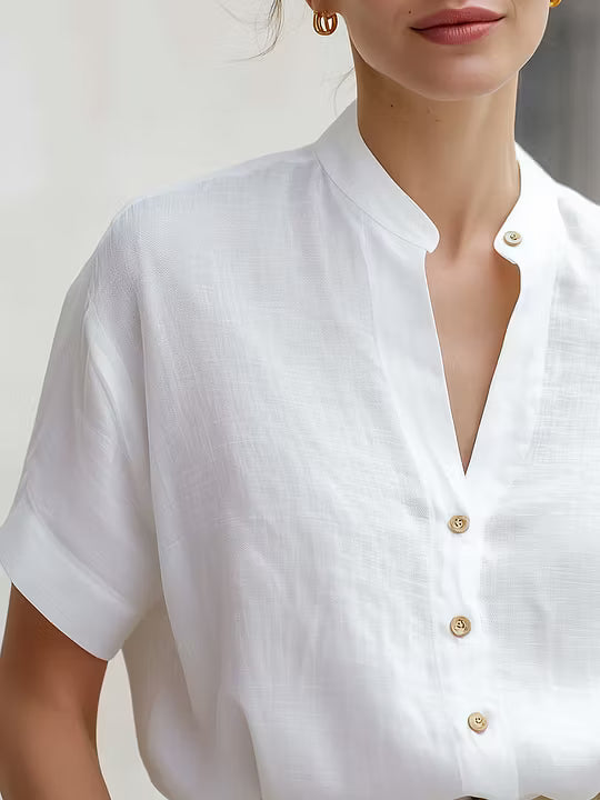 Blusa Bianca in Mistura di Lino con Collo Stand e Maniche Corte