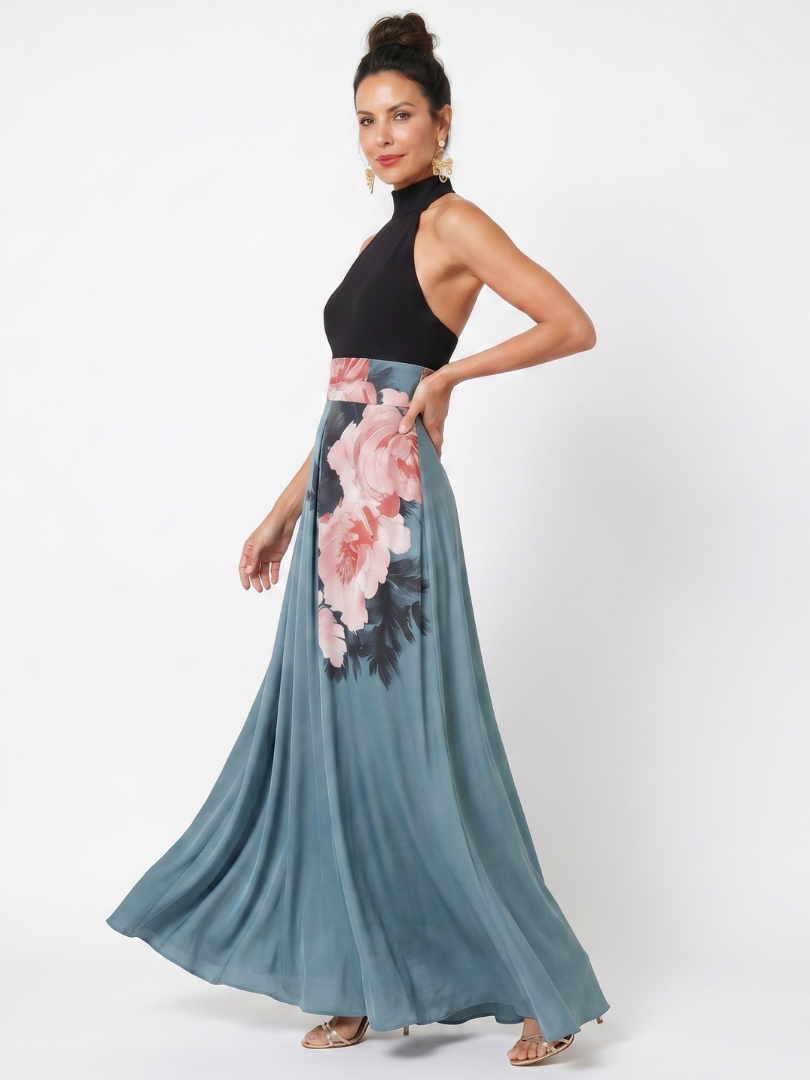 Abito Maxi con Corpetto a Halter e Gonna Floreale Olympas™