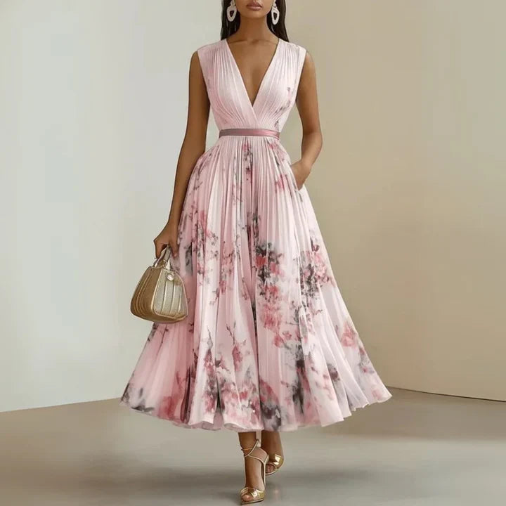 Amelia | Abito Maxi in Chiffon a Fiori Pieghettato