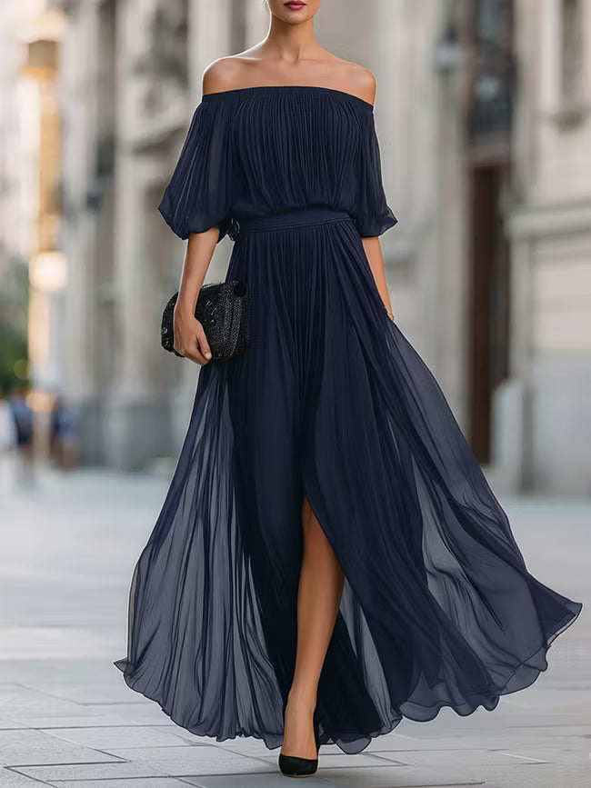 Victoria | Abito Maxi in Chiffon Plissettato con Spalle Scoperte