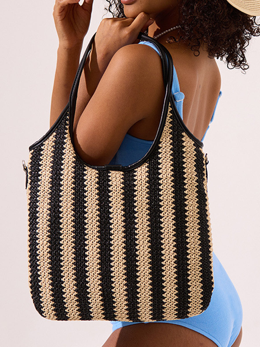 Borsa a tracolla vintage in paglia con righe a contrasto per donna
