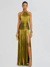 Elegante Abito Maxi Plissettato Metallizzato con Scollo Halter