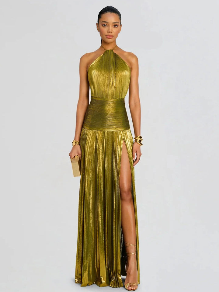 Elegante Abito Maxi Plissettato Metallizzato con Scollo Halter