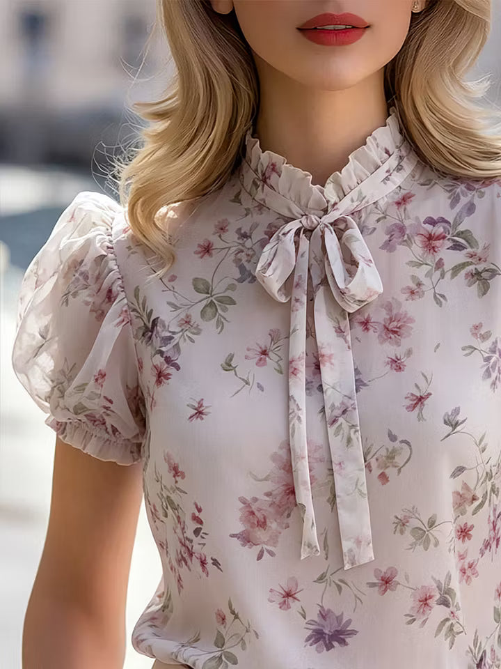 Blusa in Chiffon con Maniche a Palloncino e Collo a Fiocco