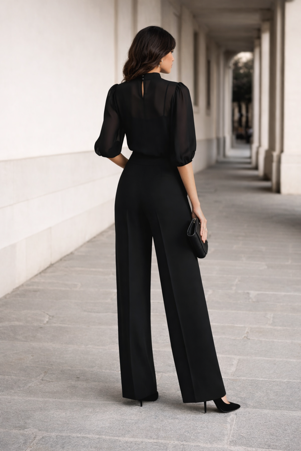 Valentina | Completo di tre pezzi che include una camicia trasparente e pantaloni a gamba larga.