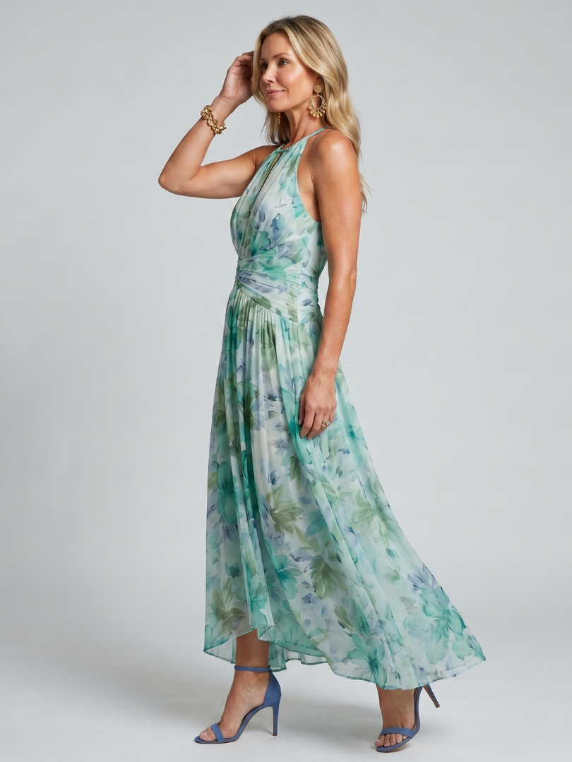 Vestito Midi Portia™ con Scollo Halter e Motivo Floreale Pieghettato