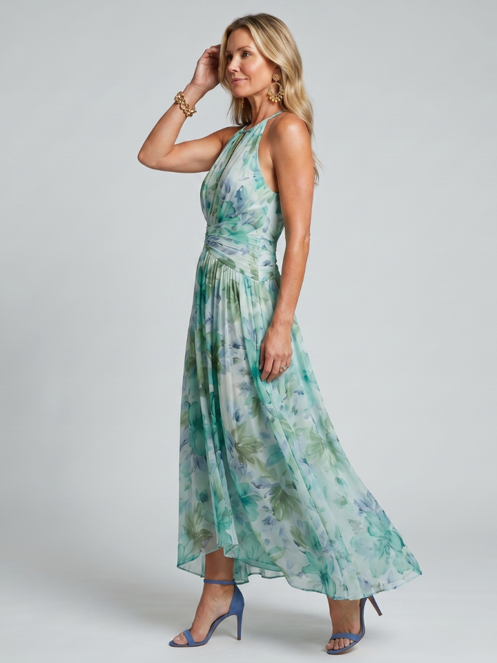 Vestito Midi Portia™ con Scollo Halter e Motivo Floreale Pieghettato