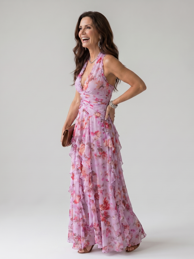 Nori™ Abito Maxy a Fiori con Scollo Halter e Corpino Arricciato