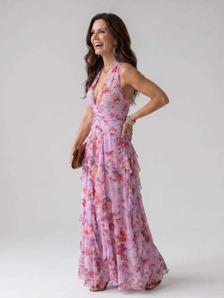 Nori™ Abito Maxy a Fiori con Scollo Halter e Corpino Arricciato