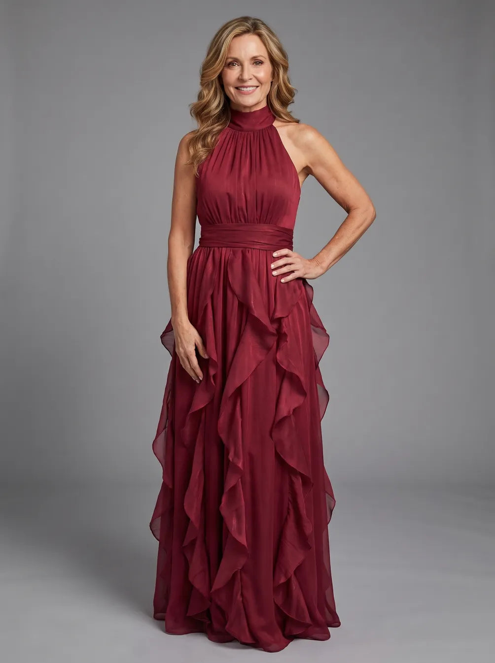 Orea™ Abito Maxi con Collo Alto e Strati di Rouches